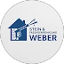 Simons Garage - Fahrzeugaufbereitung - Logo Ein blaues Haussymbol und der Text „WEBER“.